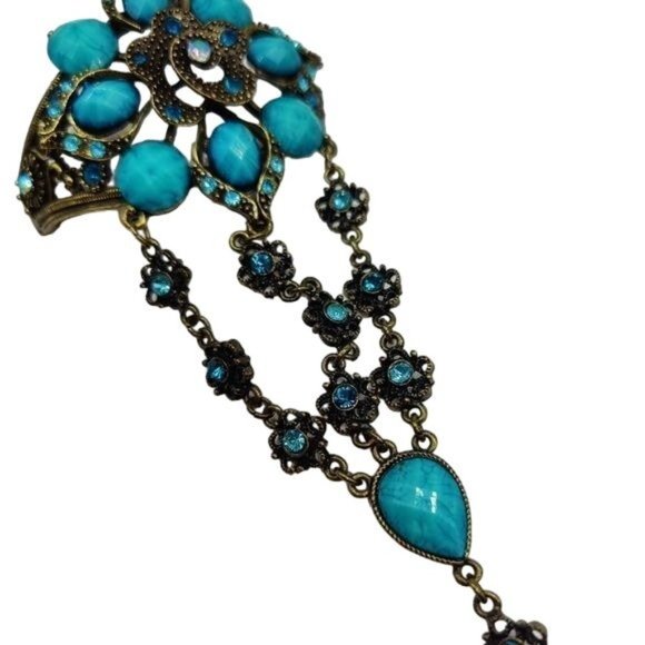 Ring Slave Bracelet Combo Hand Chain Silver Turquoise Adjustable Spring Cuff - Picture 5 of 8